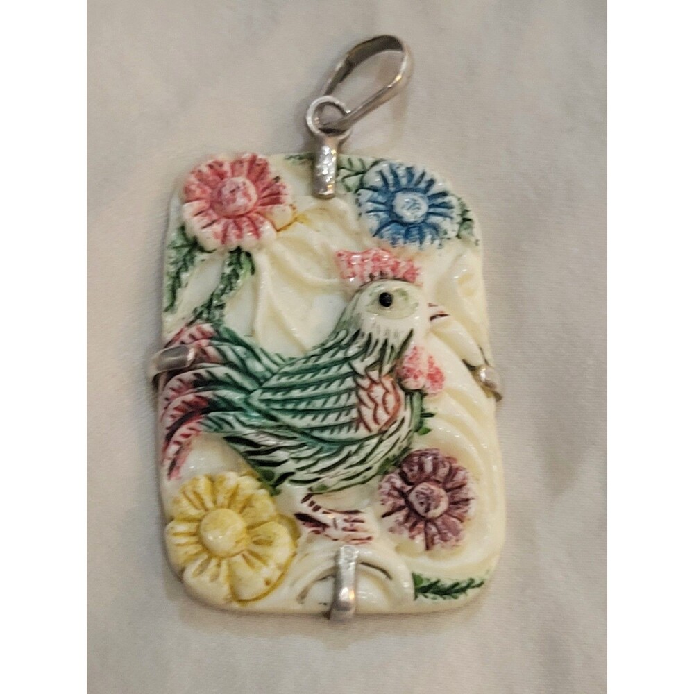 Vintage Carved Bird Floral Pendant Sterling Silver Setting 2” x 1.5”
